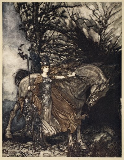 Brunnhilde with her horse at the mouth of the cave, illustration from 